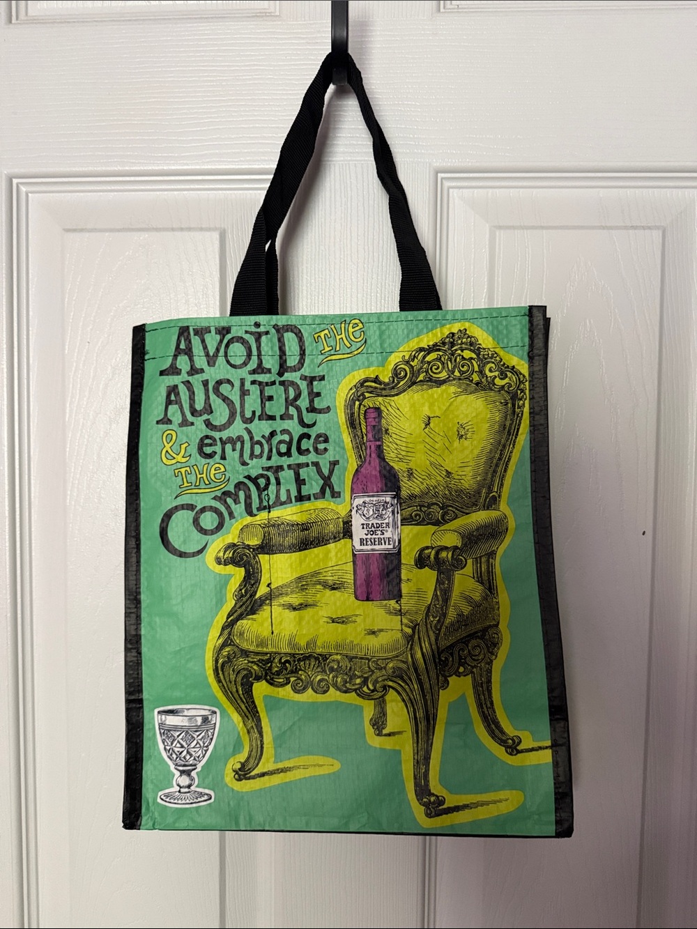 Trader Joe’s six bottle wine caddie Green Graphic Tote Bag with Yellow Chair